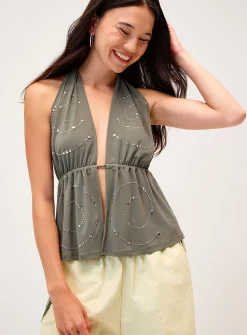 Studded open halter cami