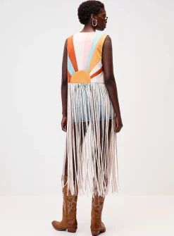 Suede colour-block fringed vest