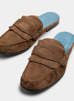 Suede fringe loafer mule