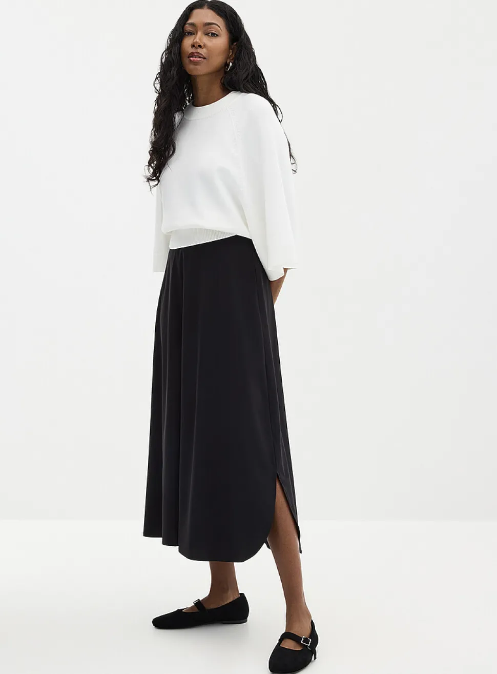 Technical fabric flared maxi skirt