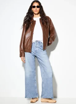 Terry underside faux-denim 5-pocket wide-leg pant