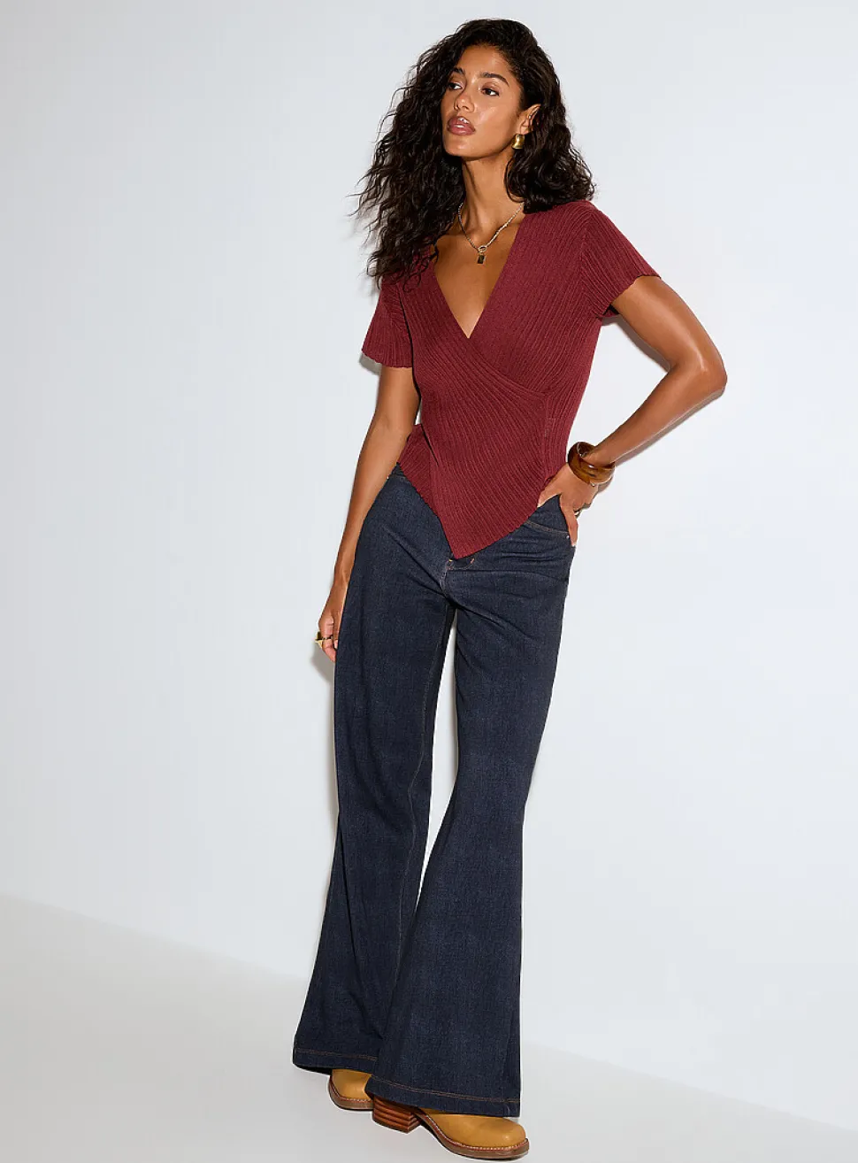 Terry underside faux-denim wide-leg pant