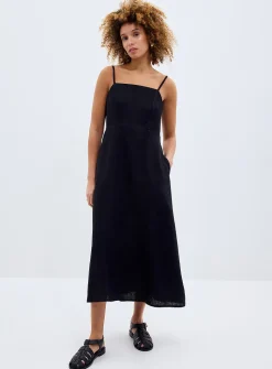 Thin straps black linen midi dress