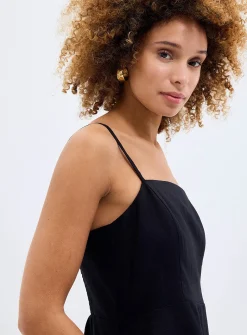 Thin straps black linen midi dress