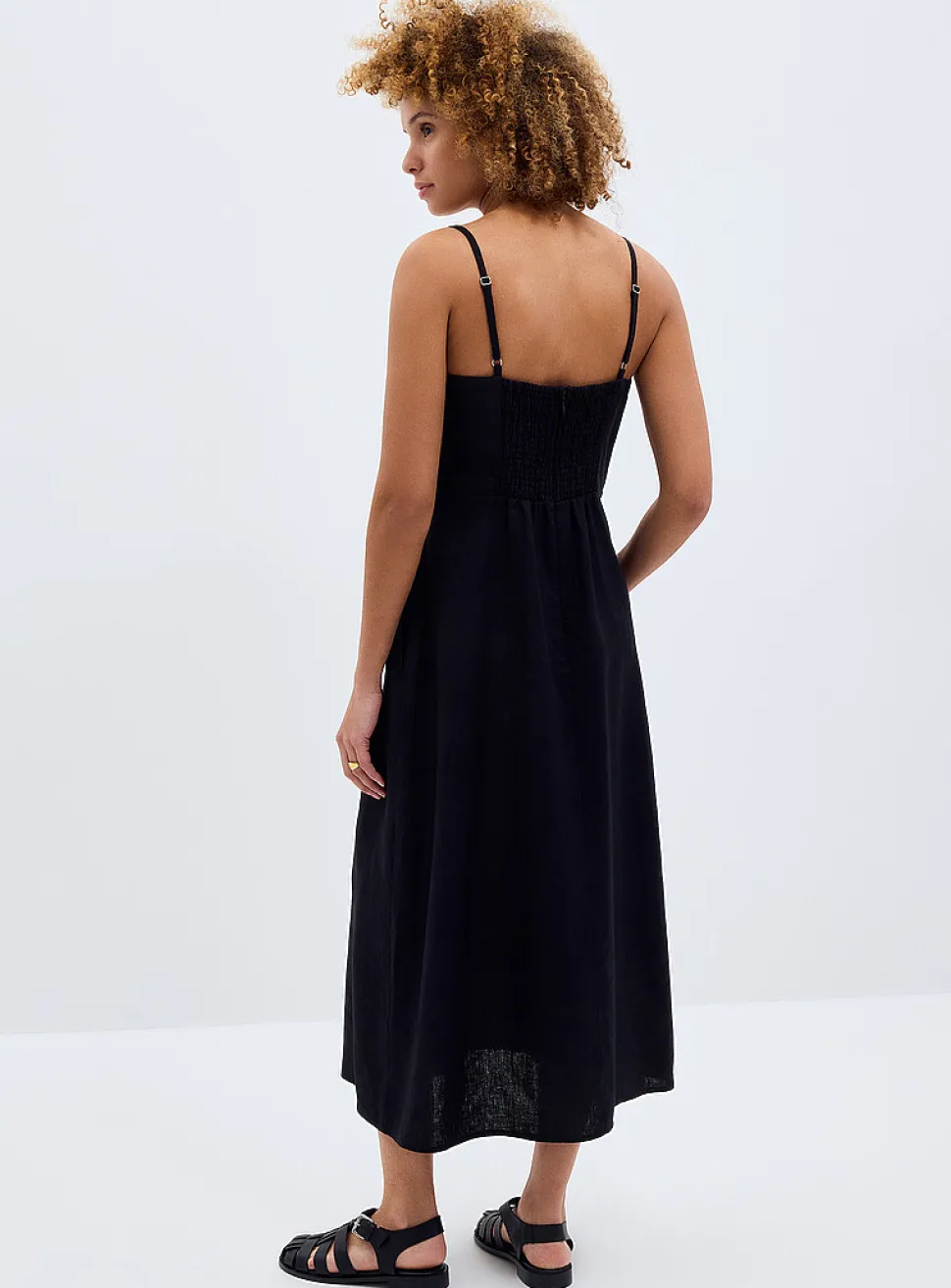 Thin straps black linen midi dress