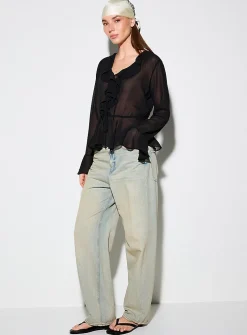 Tie-front and ruffled-edge sheer chiffon blouse
