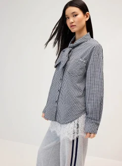 Tie-ribbon collar checkered poplin shirt