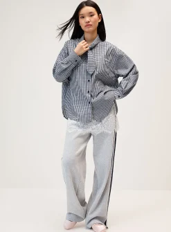 Tie-ribbon collar checkered poplin shirt