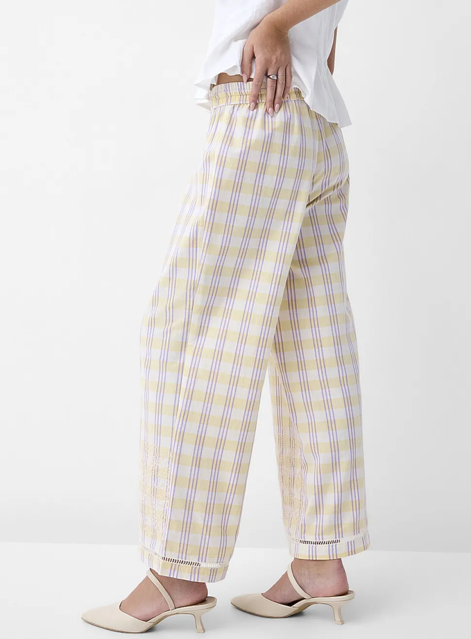 Touch of linen embroidered openwork wide-leg pant