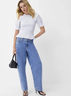 Touch of linen puff-sleeve smocked blouse