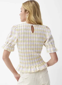 Touch of linen puff-sleeve smocked blouse