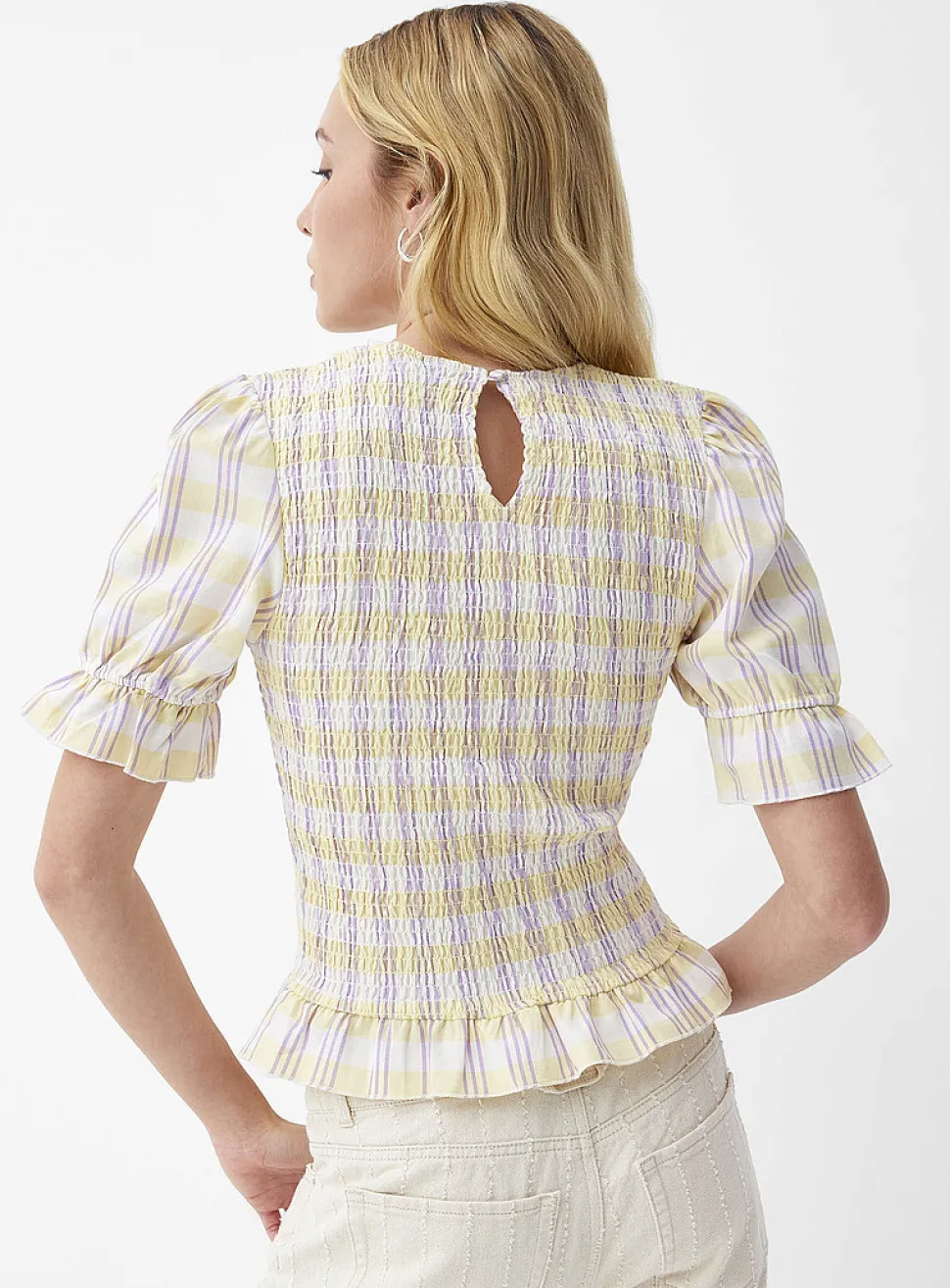 Touch of linen puff-sleeve smocked blouse