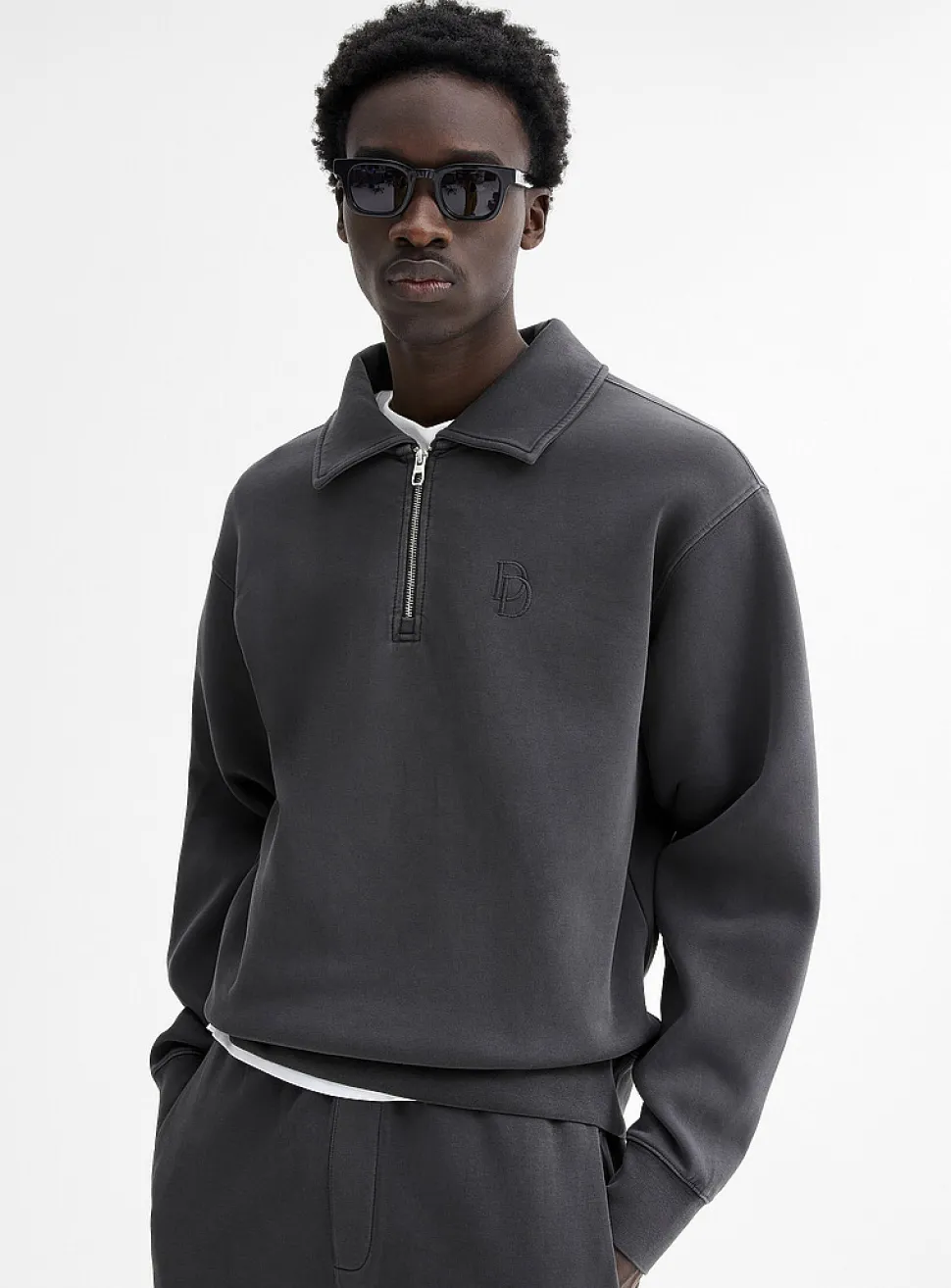 Washed double-knit jersey polo sweatshirt