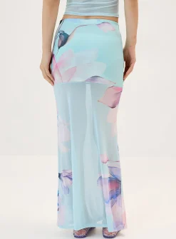 Watercolour floral mesh maxi skirt