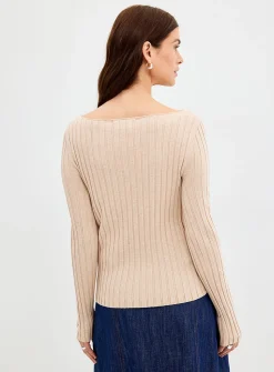 Wide ribbing fitted boat-neck sweater