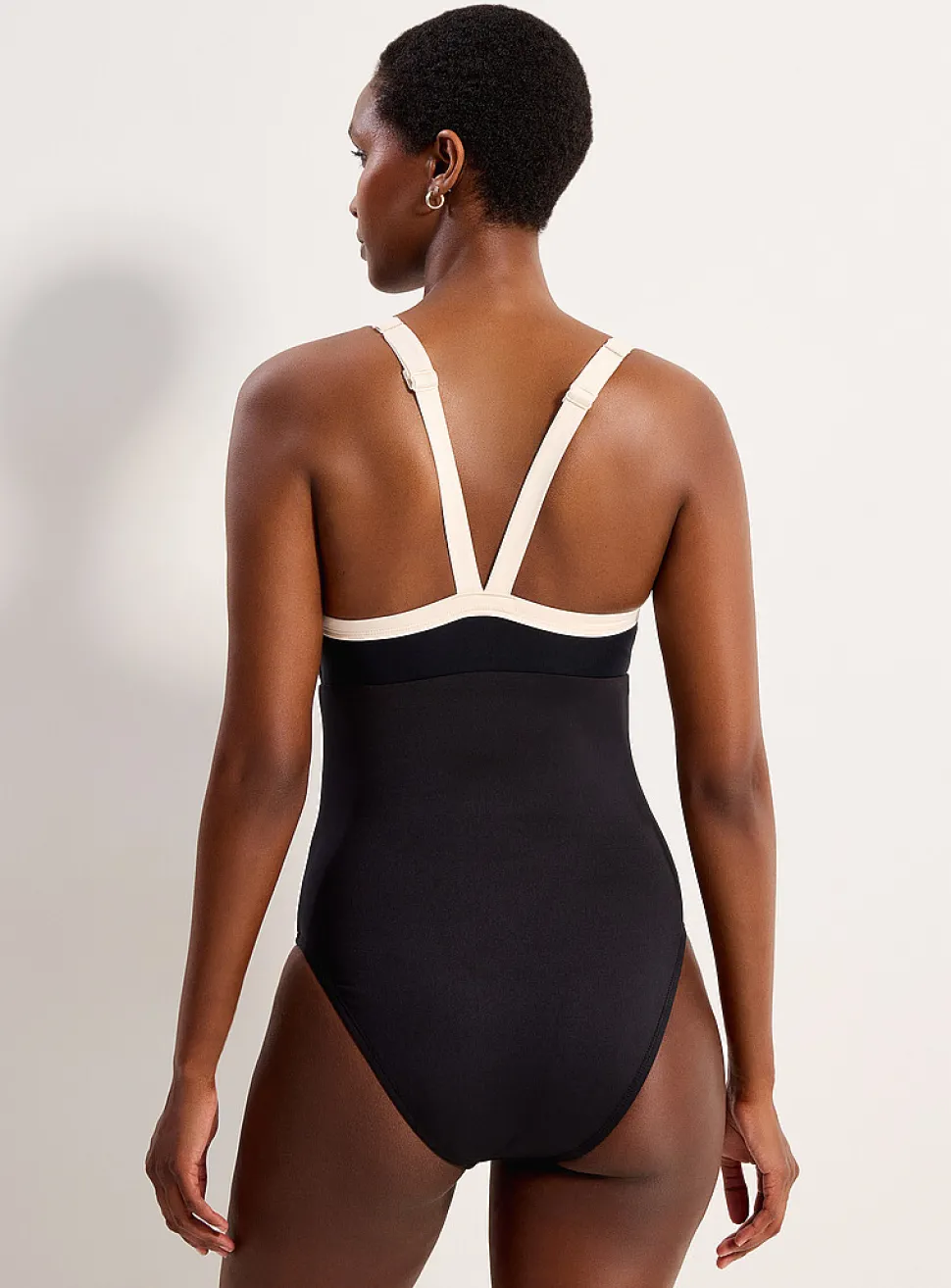 Wide-trim mesh V-neck one-piece