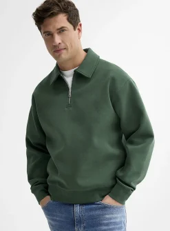 Zipped polo-collar structured jersey sweatshirt