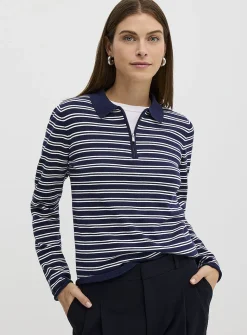 Zippered collar striped sweater